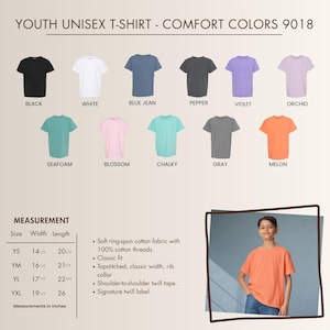 May include: A selection of youth unisex t-shirts in various colors, including black, white, blue jean, pepper, violet, orchid, seafoam, blossom, chalky, gray, and melon. Measurements are provided in inches.