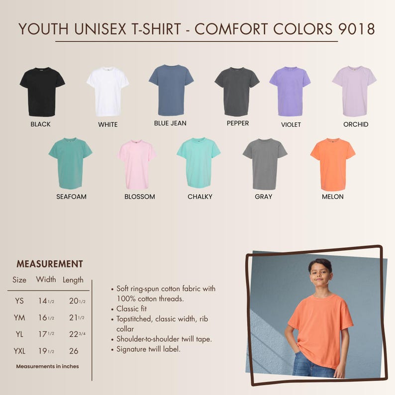 May include: A selection of youth unisex t-shirts in various colors, including black, white, blue jean, pepper, violet, orchid, seafoam, blossom, chalky, gray, and melon. Measurements are provided in inches.