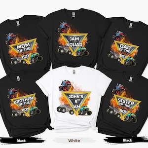 Camiseta familiar personalizada de Monster Truck para cumpleaños, camisetas de Jam Squad, logotipo personalizado de Monster Truck, camiseta para fiesta de cumpleaños de niños imagen 1