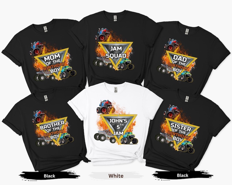 Camiseta familiar personalizada de Monster Truck para cumpleaños, camisetas de Jam Squad, logotipo personalizado de Monster Truck, camiseta para fiesta de cumpleaños de niños imagen 1
