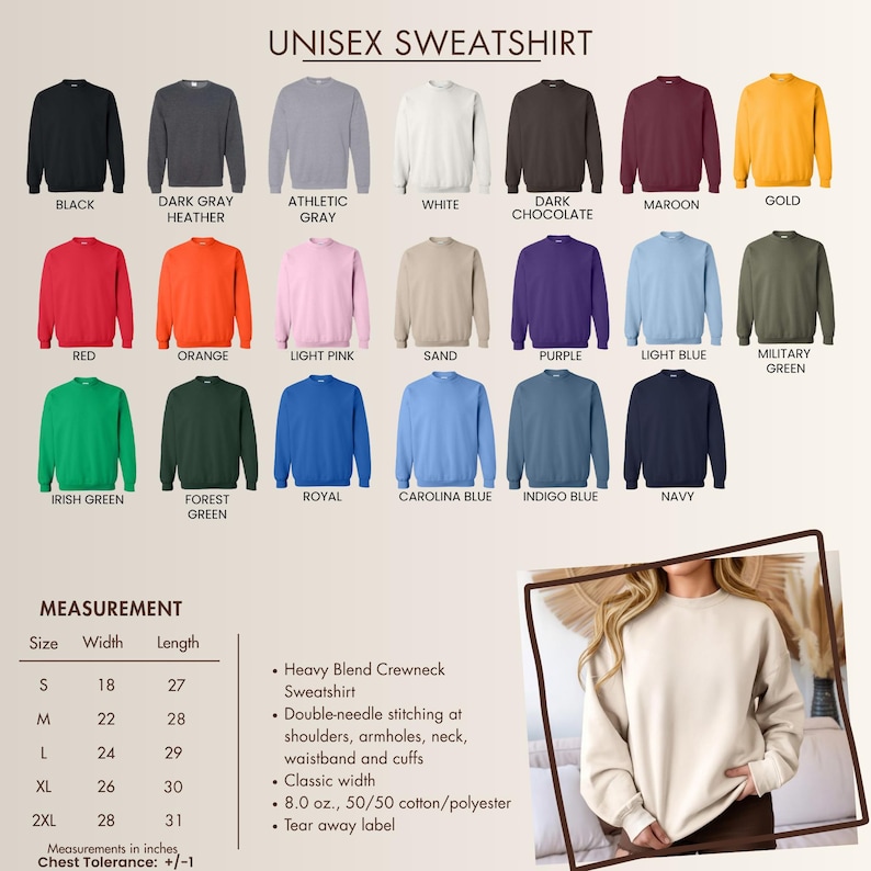 Puede incluir: Una carta de colores para sudaderas unisex de cuello redondo que muestra veintiuna opciones de colores s&oacute;lidos, incluyendo negro, gris, blanco, granate, oro, rojo, naranja, rosa, arena, morado, azul y verde. Incluye tabla de tallas y detalles.