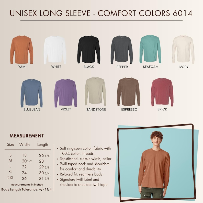 May include: A product image showcasing a variety of long-sleeve shirts in various colors, including white, black, and blue. The shirts are labeled with color names and size measurements in inches. The text "UNISEX LONG SLEEVE - COMFORT COLORS 6014" is at the top.