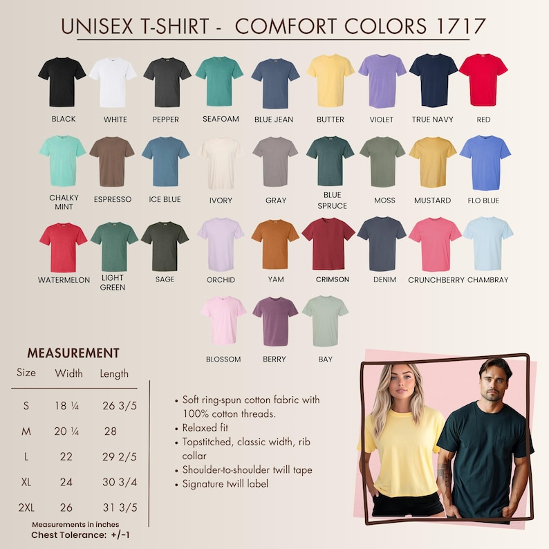May include: A display of unisex Comfort Colors T-shirts in various colors, including black, white, and red. The image shows a size chart with measurements in inches, and a description of the fabric and features. A photo of a man and woman wearing the shirts is also included.