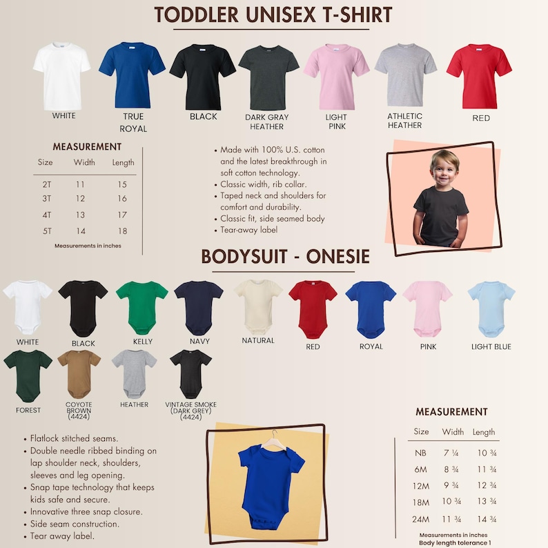 Puede incluir: Cat&aacute;logo de productos con camisetas unisex para ni&ntilde;os peque&ntilde;os y bodies en varios colores. Las camisetas y los bodies tienen medidas en pulgadas. La imagen incluye el texto "TODDLER UNISEX T-SHIRT" y "BODYSUIT - ONESIE."