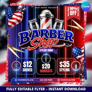 Könnte beinhalten: Ein Werbeflyer für einen Friseursalon mit einer zentralen Barber-Stange, zwei Haarschneidemaschinen und einer goldenen Schere. Der Text lautet "Barber Shop", "50% OFF", "$12 SHAVES", "$20 HAIRCUTS" und "$35 STYLING" vor einer US-Flagge.