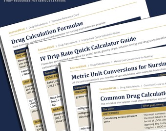 Drug Calculations Cheat Sheet Bundle - 4 Quick-Reference Cards for Student Nurses