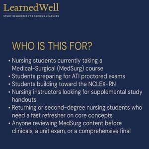 May include: A dark blue informational graphic with gold text reading LearnedWell STUDY RESOURCES FOR SERIOUS LEARNERS and WHO IS THIS FOR? followed by a bulleted list identifying nursing students, ATI exam takers, NCLEX-RN candidates, and instructors.