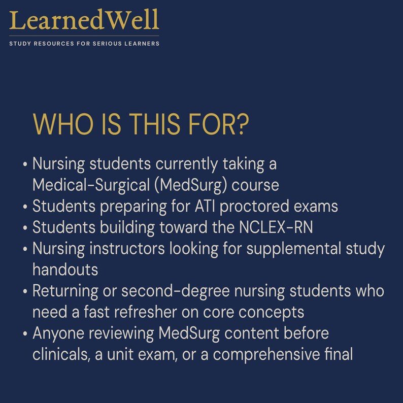 May include: A dark blue informational graphic with gold text reading LearnedWell STUDY RESOURCES FOR SERIOUS LEARNERS and WHO IS THIS FOR? followed by a bulleted list identifying nursing students, ATI exam takers, NCLEX-RN candidates, and instructors.