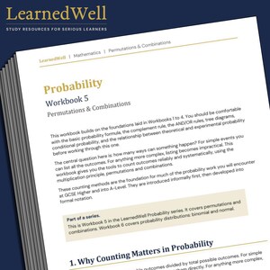 May include: A stack of white workbooks titled "Probability Workbook 5" with the subtitle "Permutations & Combinations." The "LearnedWell" logo is at the top. The text explains probability concepts for serious learners.