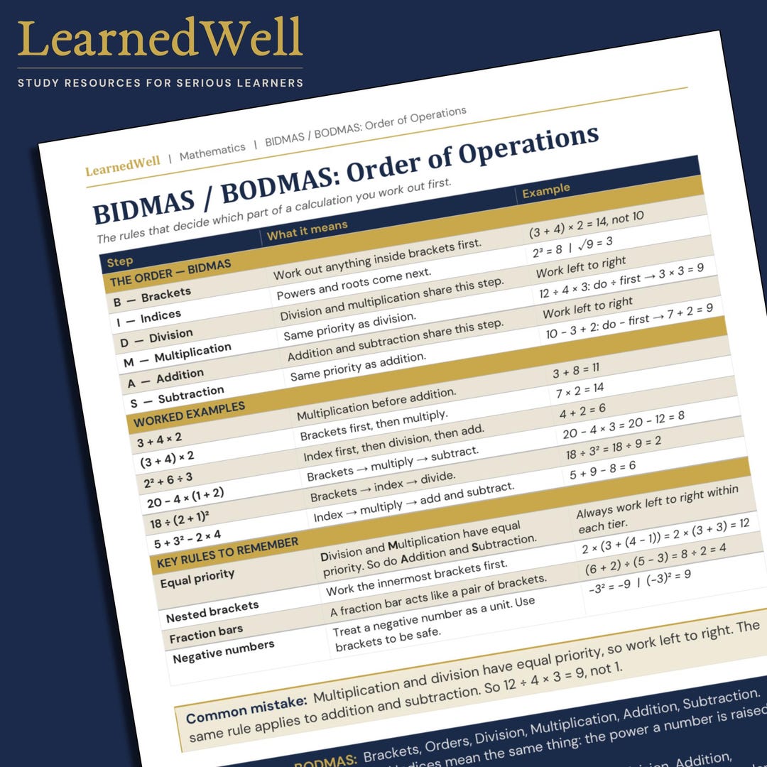 BIDMAS / BODMAS Maths Cheat Sheet — Order of Operations Quick Reference ...