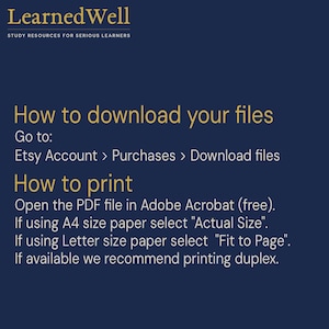 May include: A dark blue informational graphic with gold text titled LearnedWell. It provides instructions on how to download files from an Etsy account and how to print PDF files using Adobe Acrobat, specifying A4 and Letter paper settings.