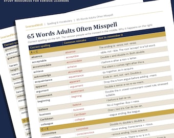 65 Words Adults Often Misspell — Printable Spelling Reference Card with Memory Tips