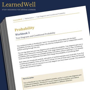 Könnte beinhalten: Ein Stapel weißer Arbeitshefte mit dem Titel "Probability Workbook 3" und dem Untertitel "Tree Diagrams and Conditional Probability". Das "LearnedWell"-Logo befindet sich oben, mit Text über Lernressourcen.