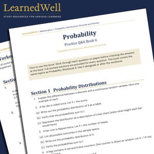 Puede incluir: Un cuaderno blanco titulado "Probability Practice Q&A Book 6" con el logotipo "LearnedWell" en la esquina superior izquierda. El libro trata sobre distribuciones de probabilidad, binomiales y normales. El texto incluye preguntas e instrucciones.