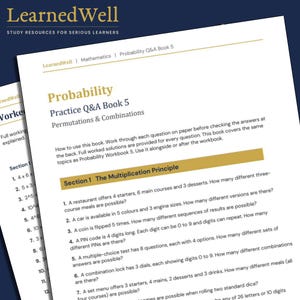 May include: A white textbook titled "Probability Practice Q&A Book 5" with the subtitle "Permutations & Combinations." The book features questions on the multiplication principle and other probability concepts. The cover has a gold banner.