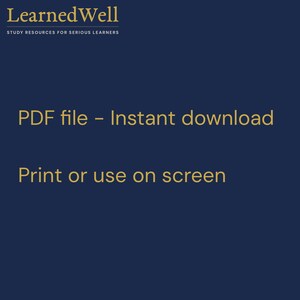 May include: A dark blue digital graphic featuring the gold text LearnedWell, STUDY RESOURCES FOR SERIOUS LEARNERS, PDF file - Instant download, and Print or use on screen. The design uses a clean, professional layout with gold lettering against a solid dark blue background.
