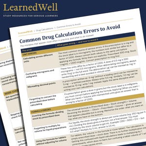 以下が含まれることがあります： LearnedWell Common Drug Calculation Errors to Avoidというタイトルの白い教育用ドキュメント。このページには、濃い青と金のヘッダーが付いた表があり、医療学生向けの単位エラーや計算式エラーに関する詳細な説明が記載されています。