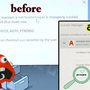 May include: A split-screen comparison showing a License Error window with the text 'before' above it, and a License Manager window with the text 'after' above it. Two cartoon characters with wide eyes and open mouths are positioned on the left side.