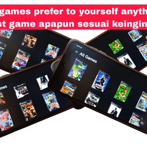 以下が含まれることがあります： All Gamesという見出しの下にビデオゲームのカバーのデジタルライブラリを表示する3台の黒いスマートフォン。画像には次のテキストが含まれています：req games prefer to yourself anything. request game apapun sesuai keinginanmu.