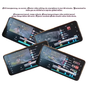 May include: Four smartphones displaying video editing interfaces. The screens show video timelines and editing tools. Text at the top reads, "Full transparency, no secrets. Master video editing via smartphone in just 20 minutes."