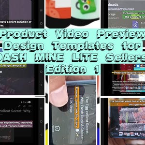 Op de afbeelding: Een digitale collage van mobiele schermen met ontwerpvoorbeelden voor productvideo's voor DASH MINE LITE-verkopers, editie 1. De schermen tonen diverse menu's, mappen en tekstoverlays met informatie over de duur van de videotutorials.