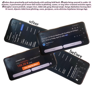 May include: Four smartphones displaying app interfaces. One shows a meeting reminder, another displays shop stats, and a third shows a total of 158.35 euros. The text says "before" and "after". The text in the image says it guarantees you'll never fall victim to phishing.
