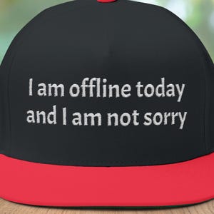 Könnte beinhalten: Schwarze Baseballkappe mit rotem Schirm und Knopf. Auf der Kappe steht der gestickte Text "I am offline today and I am not sorry" in Weiß. Die Kappe liegt auf einer Holzoberfläche.