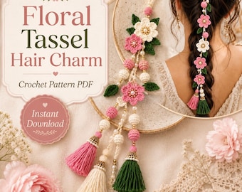 Floral Tassel Hair Charm Crochet Pattern PDF, Boho Bridal Hair Accessory, Flower Bead Tassel Charm, Instant Download