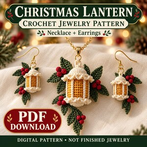Christmas Crochet Jewelry Pattern PDF, Lantern Necklace & Earrings Set, Thread Crochet Pendant Tutorial, DIY Holiday Gift for Crochet Lovers