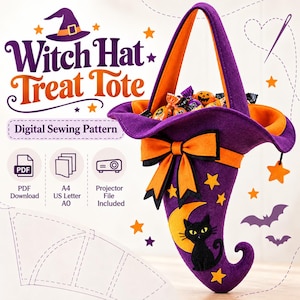 May include: A purple and orange felt witch hat treat tote with a black cat and yellow moon applique, featuring a bow and star accents. The text reads Witch Hat Treat Tote, Digital Sewing Pattern, PDF Download, A4 US Letter A0, Projector File Included.