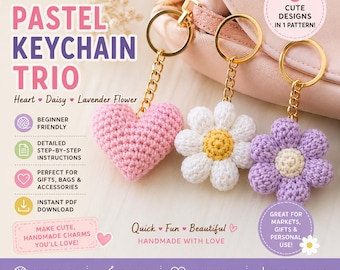 Crochet Keychain Pattern PDF, Pastel Heart Daisy Flower Bag Charm, Amigurumi Keychain Crochet Pattern, Digital Download