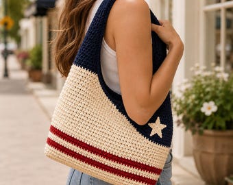 Patriotic Crochet Bag Pattern PDF, Star Hobo Bag Crochet Pattern, 4th of July Crochet Purse, Summer Shoulder Bag DIY