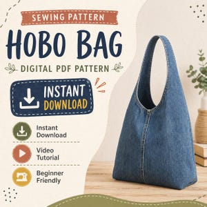 Puede incluir: Se muestra un bolso hobo de mezclilla azul con un asa curva. La imagen contiene el texto: 'Patrón de costura Bolso Hobo Patrón PDF Digital Descarga Instantánea'. Los iconos indican descarga instantánea, tutorial en vídeo y apto para principiantes.
