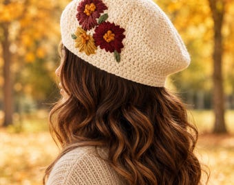Crochet Pattern PDF, Beginner Crochet Pattern, Crochet Hat Pattern, Beret Pattern, Women's Crochet Hat, Flower Crochet, Instant Download