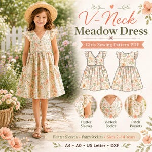 Girls Meadow Dress Sewing Pattern, V-Neck Flutter Sleeve PDF (Sizes 2-14)