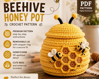 Beehive Honey Pot Crochet Pattern PDF, Amigurumi Bee Jar Pattern, Crochet Beehive Decor, Honey Bee Gift Box, Nursery Shelf Crochet Pattern