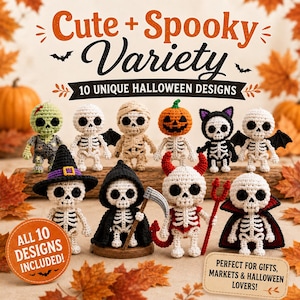 Pode incluir: Dez figuras de esqueleto em crochê com vários trajes de Halloween, incluindo uma múmia, uma cabeça de abóbora, a morte com uma foice, um diabo com um forcado e um vampiro. O texto diz Cute + Spooky Variety 10 UNIQUE HALLOWEEN DESIGNS.