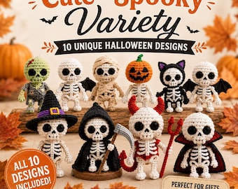 Puede incluir: Diez figuras de esqueleto tejidas a ganchillo con varios disfraces de Halloween, incluyendo una momia, una cabeza de calabaza, la parca con una guadaña, un diablo con un tridente y un vampiro. El texto dice Cute + Spooky Variety 10 UNIQUE HALLOWEEN DESIGNS.
