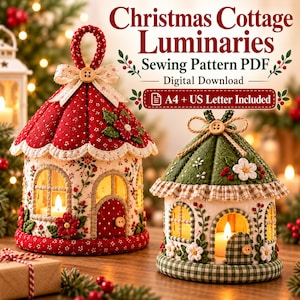 Mini Christmas Cottage Lantern Sewing Pattern PDF, 2 Fabric Luminary Houses, DIY Holiday Table Decor, A4 Letter A0 Digital Download