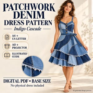 Może przedstawiać: Cyfrowy wykrój krawiecki w formacie PDF na sukienkę z dżinsu typu patchwork o nazwie Indigo Cascade. Projekt zawiera gorset bez rękawów z guzikami, warstwową spódnicę z postrzępioną białą koronką oraz wiązany pasek w talii.