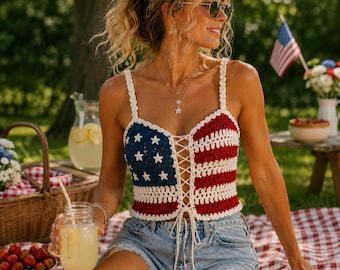 USA Flag Crochet Mesh Top Pattern, Lace Up Corset Crop Top PDF, 4th of July Patriotic Summer Festival Outfit XS-5XL