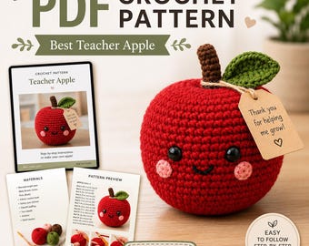 Best Teacher Apple Crochet Pattern PDF, Teacher Appreciation Amigurumi, Crochet Apple Pattern, Thank You Teacher Gift, Easy PDF Pattern
