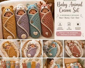 Baby Cocoon Crochet Pattern PDF, Newborn Animal Swaddle Sack Pattern, Bear Bunny Cat Deer Baby Wrap, Amigurumi Photo Prop