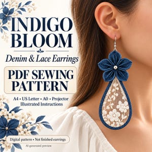 Puede incluir: Un patrón de costura digital en PDF para pendientes de mezclilla y encaje Indigo Bloom. El diseño presenta una flor de mezclilla azul oscuro unida a un colgante de encaje blanco en forma de lágrima. El texto incluye Indigo Bloom, Denim & Lace Earrings, PDF Sewing Pattern, A4, US Letter, A0, Projector, Illustrated Instructions, Digital pattern, Not finished earrings y AI-generated preview.