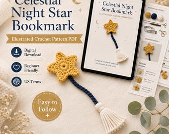 Celestial Star Crochet Bookmark Pattern PDF, Illustrated Night Design (Digital Download)