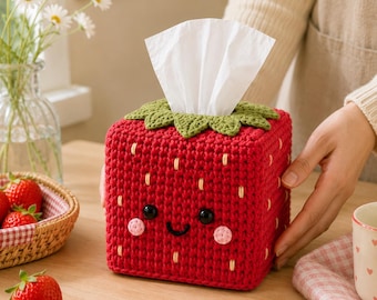 Strawberry Tissue Box Cover Crochet Pattern PDF, Kawaii Tissue Cozy, Crochet Home Decor, Square Box Cover, Digital Download