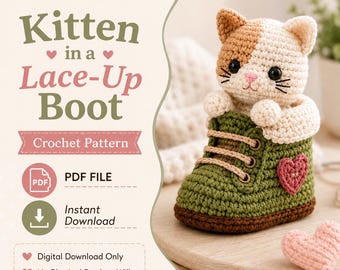 Kitten in a Lace-Up Boot Crochet Pattern PDF, Cute Cat Amigurumi Pattern, Nursery Decor Gift, Instant Digital Download