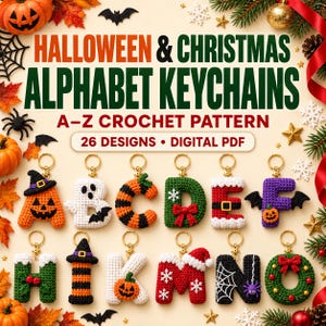 Puede incluir: Un patrón de ganchillo en PDF digital para llaveros con el alfabeto de Halloween y Navidad que incluye 26 diseños. La imagen muestra las letras de la A a la F y de la H a la O, cada una con motivos estacionales como calabazas y lazos.