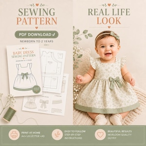Peut inclure: Un patron de couture numérique pour robe de bébé, de la naissance à 2 ans, avec un dessin au trait d'une robe sans manches à nœud. À côté, un bébé porte la robe finie, à motif floral vert, ourlet vert uni et un nœud décoratif.