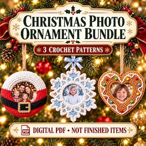May include: A digital PDF bundle of 3 crochet patterns for Christmas photo ornaments. The set includes a circular Santa belt ornament, a light blue and white snowflake frame, and a brown heart-shaped gingerbread cookie frame with colourful accents.
